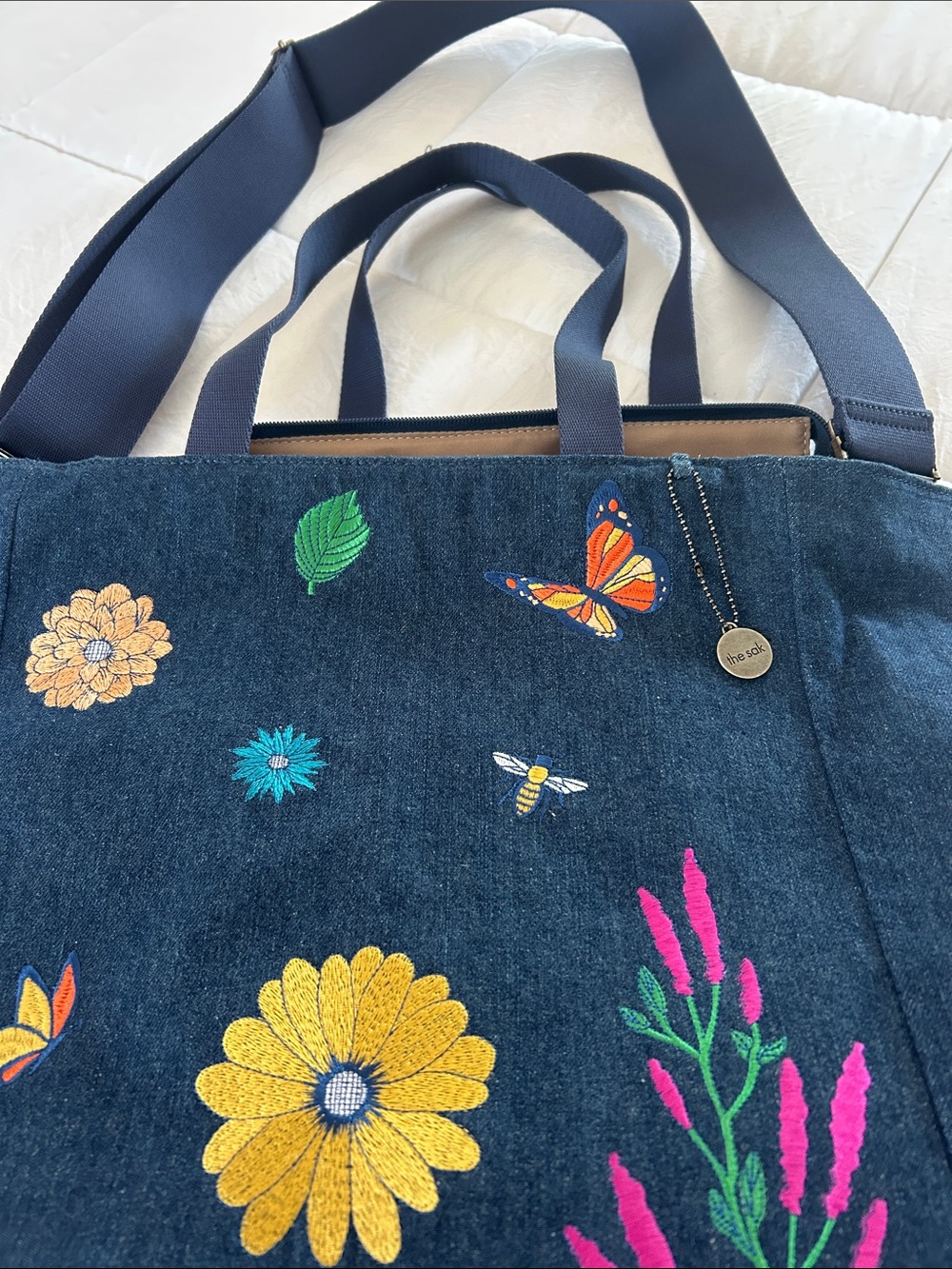 Sakroots Navy Denim Tote/ crossbody AND Wallet, Embroidered